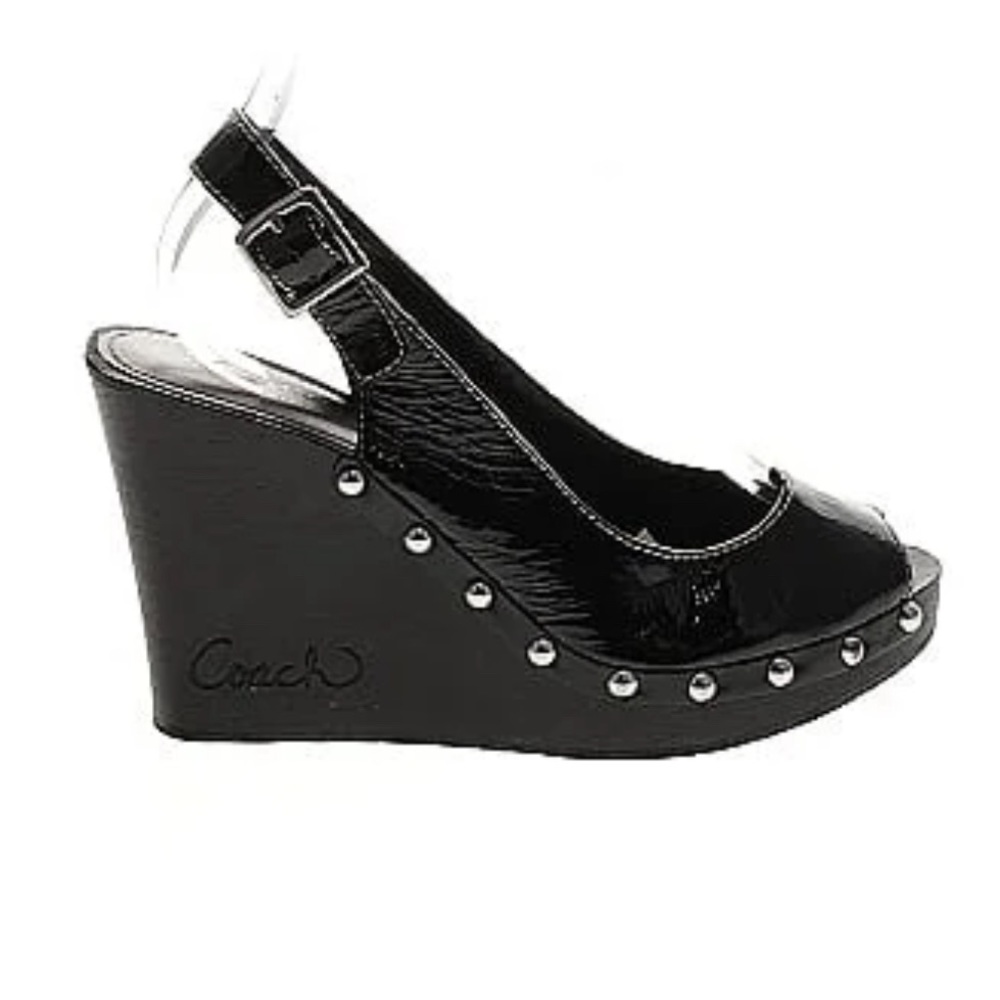 Coach Renea Crinkle Black Patent Leather peep toe wedge with silver studs Size 9